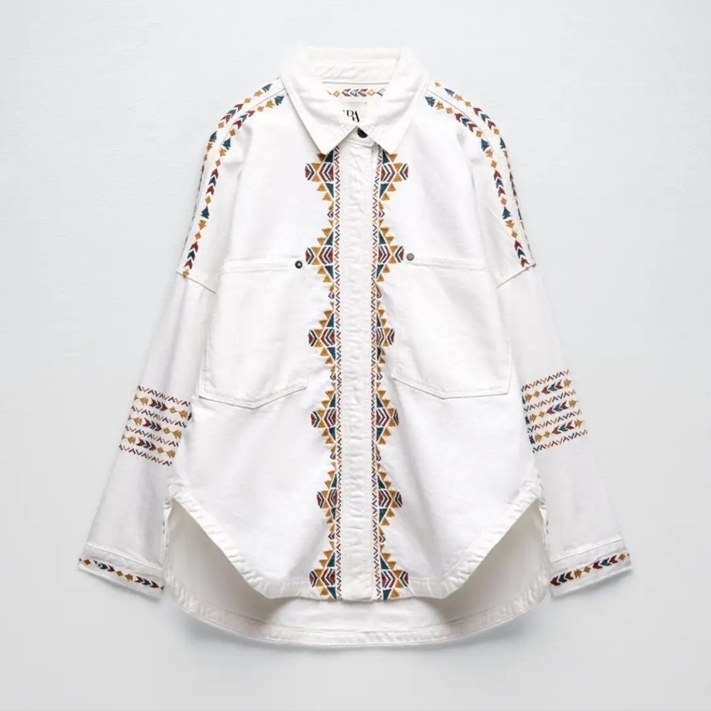NWT Zara Southwestern Embroidered Denim Overshirt Jacket White Size Large Boho - Picture 3 of 16